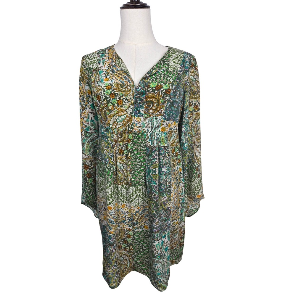 Floreat Anthropologie Amelie Silk Dress 0P Green Paisley Bell Sleeve Mini